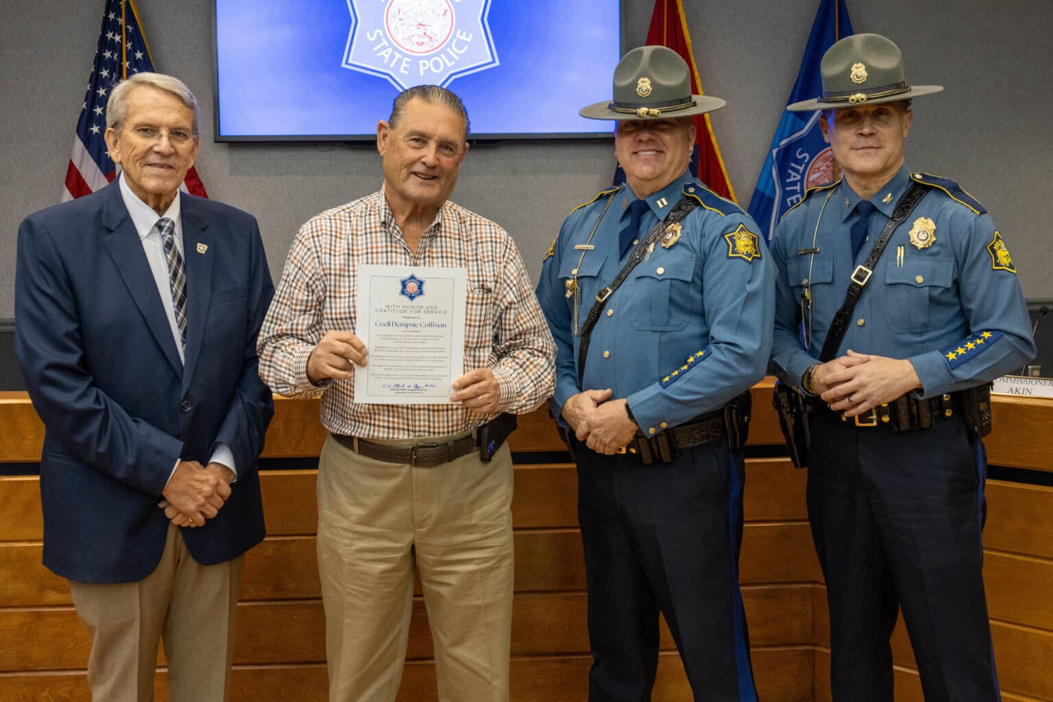 (Left to Right) Jim Hinkle, ASP Commission Chairman, Dempsie Coffman, Captain Kyle Drown, Commander of ASP Troop J, and Colonel Mike Hagar, ASP Director