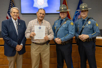 (Left to Right) Jim Hinkle, ASP Commission Chairman, Dempsie Coffman, Captain Kyle Drown, Commander of ASP Troop J, and Colonel Mike Hagar, ASP Director