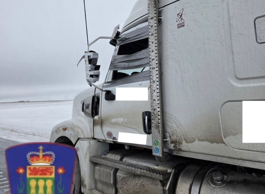 Saskatchewan provincial shield logo on snowy truck background