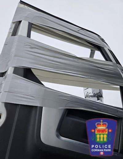Duct taped door on out of service truck