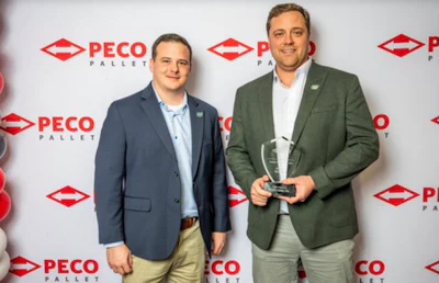 Baltimore, Maryland-based Cowan Systems was named PECO Pallet's 2025 National Carrier of the Year. Receiving the award for Cowan Systems are(L-R) Cameron Pace, Sr. Director, and Preston Ketchum, VP Sales
