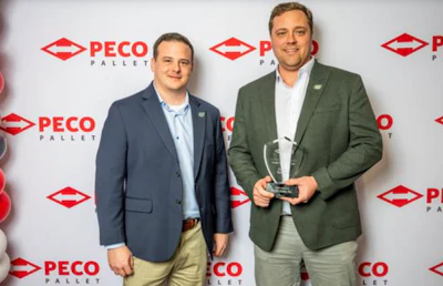 Baltimore, Maryland-based Cowan Systems was named PECO Pallet's 2025 National Carrier of the Year. Receiving the award for Cowan Systems are(L-R) Cameron Pace, Sr. Director, and Preston Ketchum, VP Sales