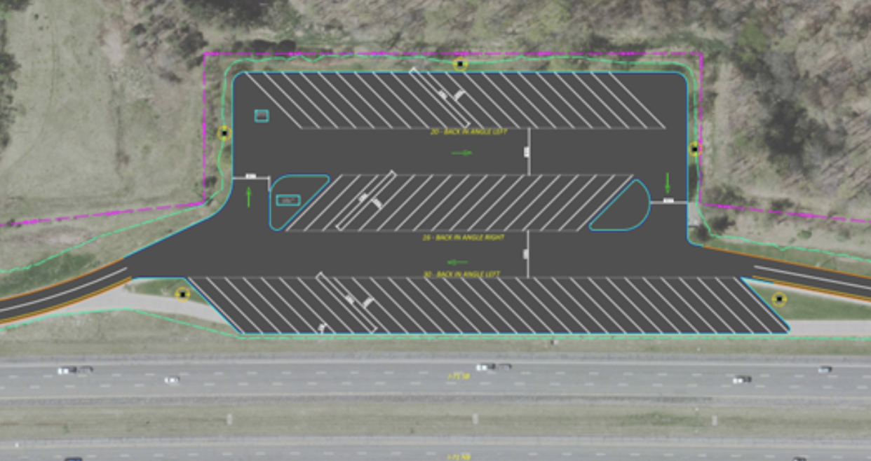 Aerial view of I-71 southbound truck parking lot showing 66 truck parking spaces.