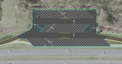 Aerial view of I-71 southbound truck parking lot showing 66 truck parking spaces.
