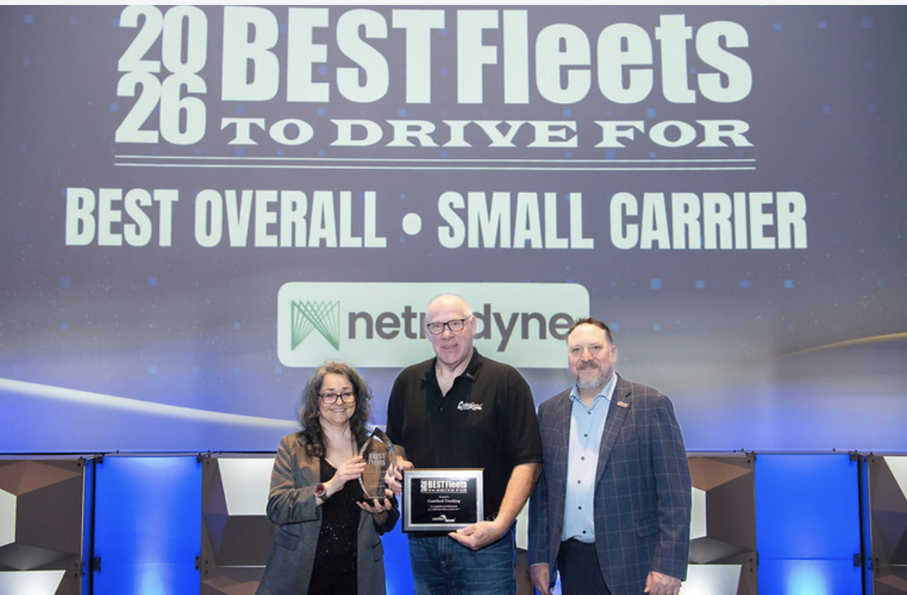 CarriersEdge presented the Best Overall Fleet in the small carrier category to Crawford Trucking, of Des Moines, Iowa. From left: Jane Jazrawy, CarriersEdge CEO; Tony Smith, Crawford Trucking Inc. Driver; and Adam Lang, Netradyne Director of Customer Advisory Service