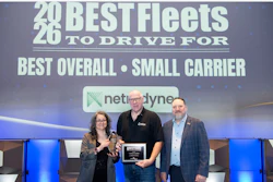 CarriersEdge presented the Best Overall Fleet in the small carrier category to Crawford Trucking, of Des Moines, Iowa. From left: Jane Jazrawy, CarriersEdge CEO; Tony Smith, Crawford Trucking Inc. Driver; and Adam Lang, Netradyne Director of Customer Advisory Service