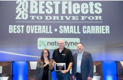 CarriersEdge presented the Best Overall Fleet in the small carrier category to Crawford Trucking, of Des Moines, Iowa. From left: Jane Jazrawy, CarriersEdge CEO; Tony Smith, Crawford Trucking Inc. Driver; and Adam Lang, Netradyne Director of Customer Advisory Service