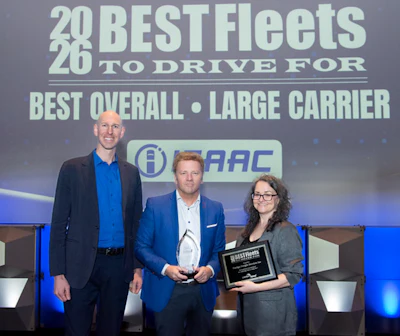 The Best Overall Fleet in the large carrier category was presented to Fortigo Freight Services Inc, of Etobicoke, Ontario. From left: Sam Sussenguth, ISAAC Chief Sales Officer; Ted Brown, Fortigo Freight Services Inc, COO; and Jane Jazrawy, CarriersEdge CEO.