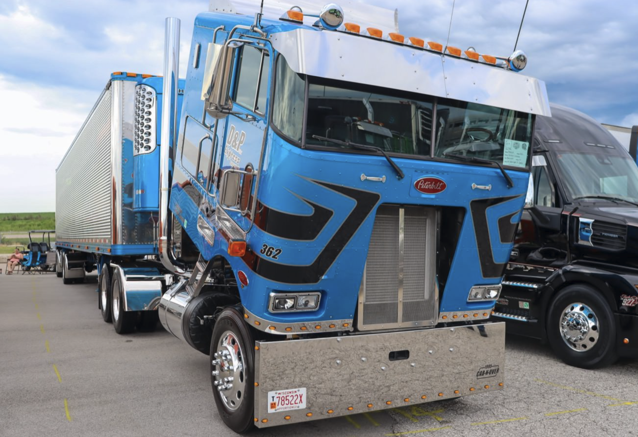 Dennis Sikorski's blue 1995 Peterbilt 362 and 2007 Great Dane reefer trailer &ldquo;Old School & Flat Broke&rdquo;