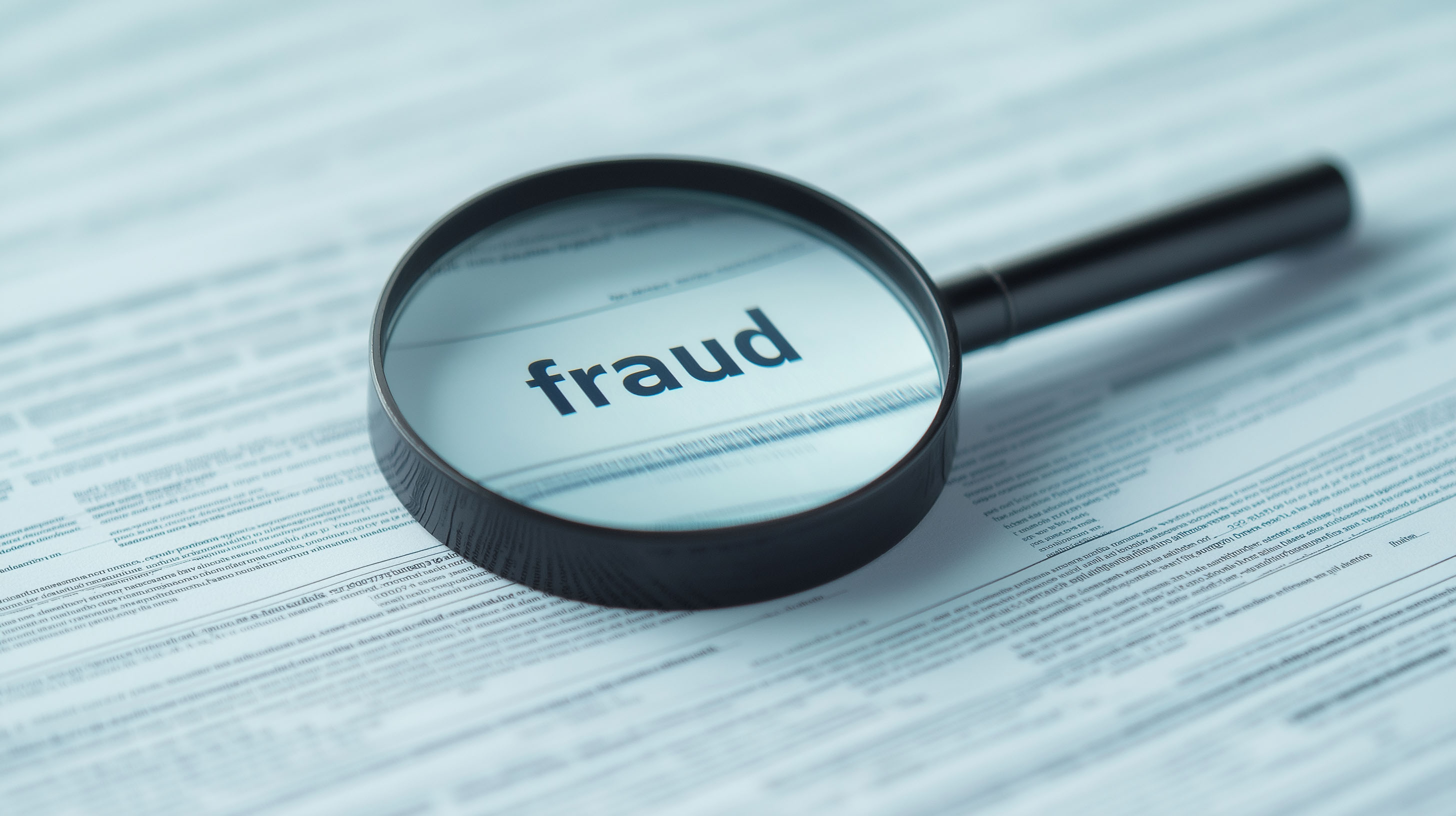 Magnifying glass examining document with 'fraud' text highlighted, representing fraud detection and investigation