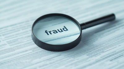 Magnifying glass examining document with 'fraud' text highlighted, representing fraud detection and investigation
