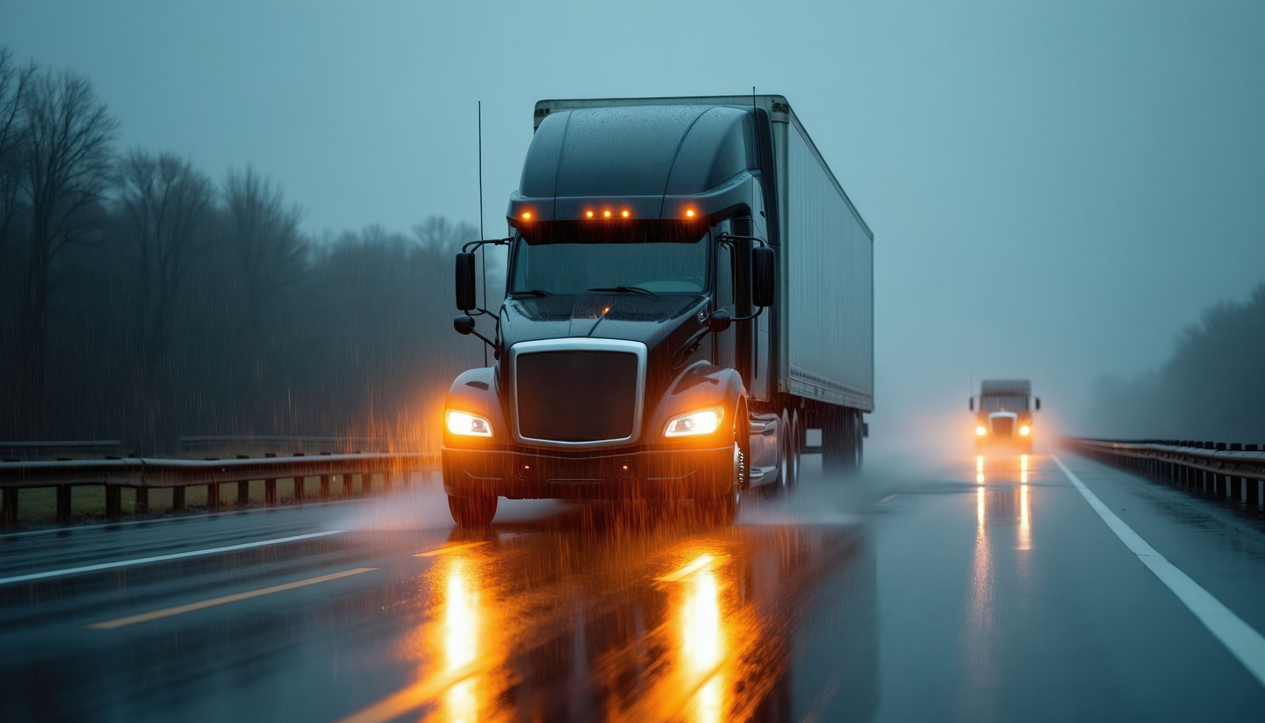 Semi-truck with headlights on during heavy rain and fog on a multi-lane highway
