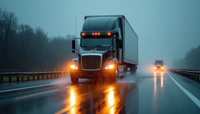 Semi-truck with headlights on during heavy rain and fog on a multi-lane highway