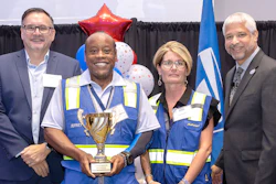 Pete Routsolias, chief logistics officer; Jeffrey McLeroy Sr., tractor-trailer operator and driving competition winner; Linda Adams, surface policy and performance executive manager; and Robert Cintron, logistics vice president