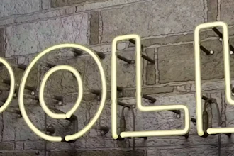 Cream-colored neon sign spelling 'POLL' mounted on a textured gray brick wall