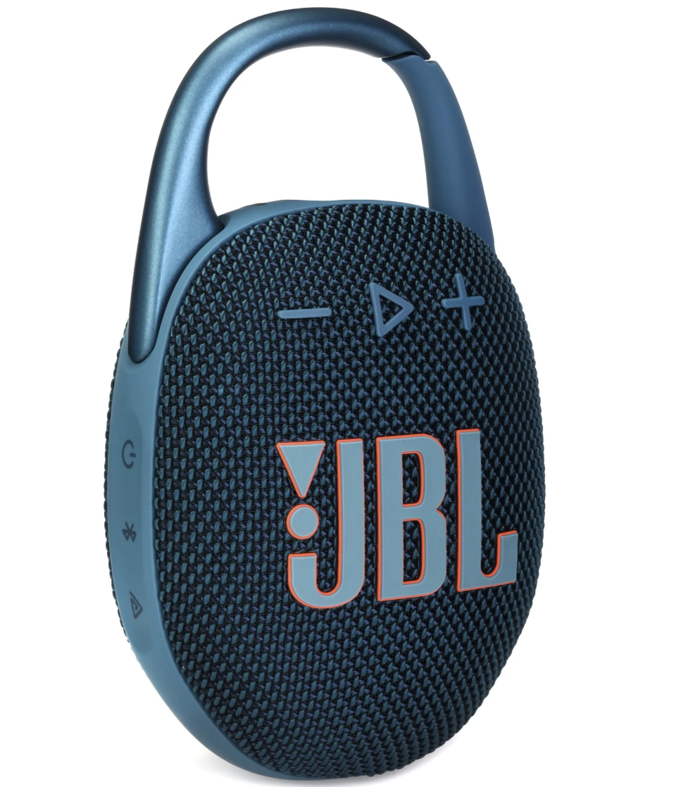 JBL Clip 4 portable Bluetooth speaker in blue with carrying handle and textured fabric design