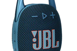 JBL Clip 4 portable Bluetooth speaker in blue with carrying handle and textured fabric design