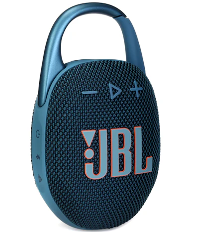 JBL Clip 4 portable Bluetooth speaker in blue with carrying handle and textured fabric design