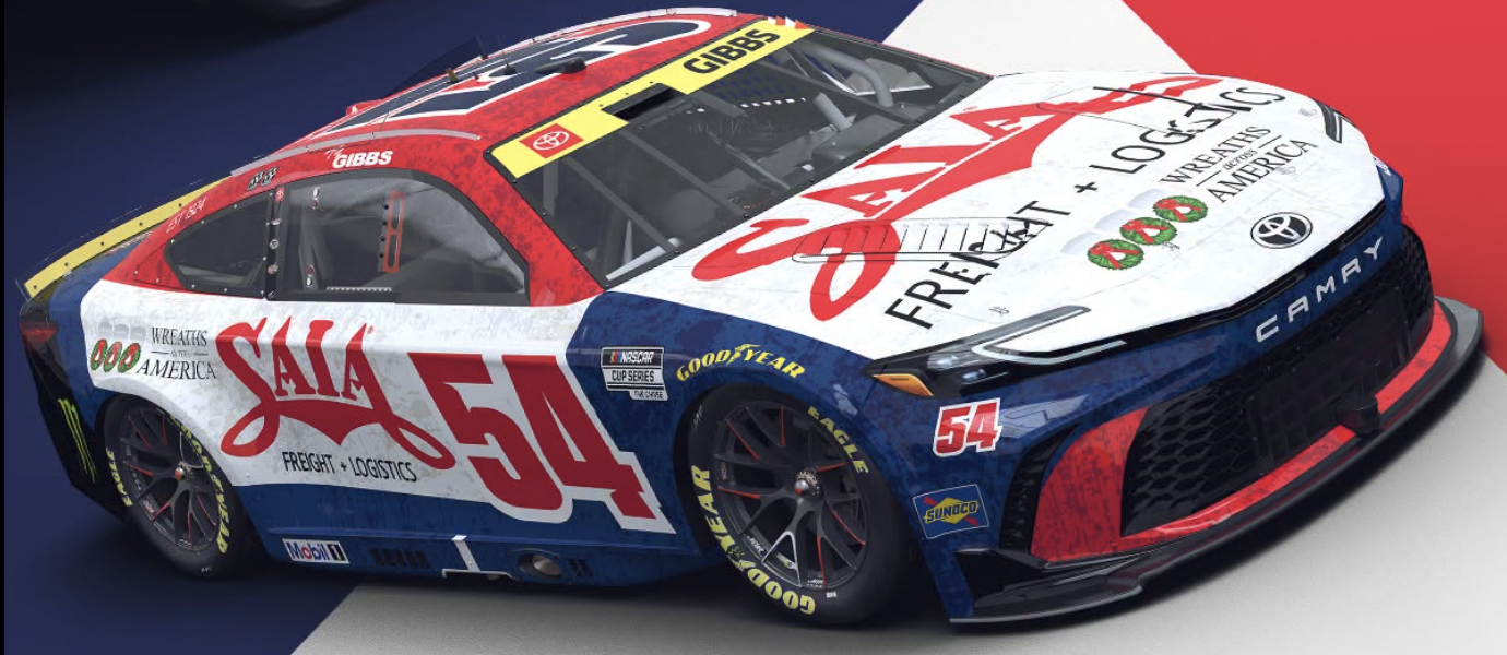 Number 54 NASCAR race car with red, white, and blue livery featuring SAIA and sponsor branding