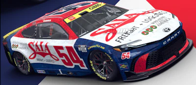 Number 54 NASCAR race car with red, white, and blue livery featuring SAIA and sponsor branding