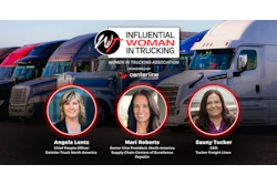 Influential Woman in Trucking logo with Women in Trucking Association members Angela Lentz, Mari Roberts, and Sauny Tucker featured with commercial trucks