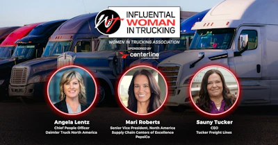 Influential Woman in Trucking logo with Women in Trucking Association members Angela Lentz, Mari Roberts, and Sauny Tucker featured with commercial trucks