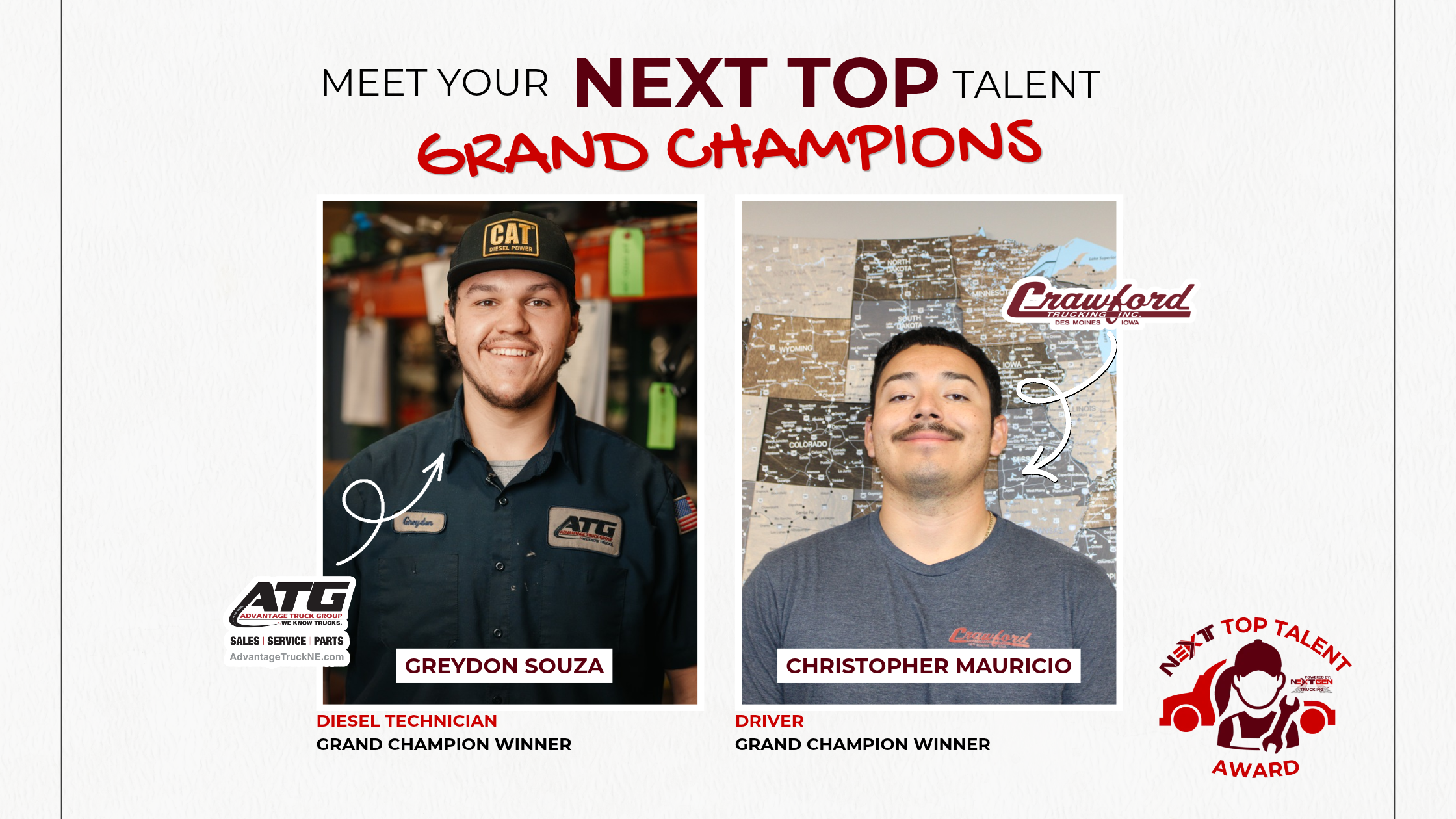 Meet Your Next Top Talent Grand Champions featuring Greydon Souza, Diesel Technician, and Christopher Mauricio, Driver, with ATG and Crawford company logos