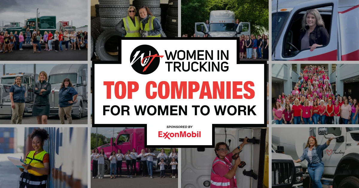 Women in Trucking logo with 'Top Companies for Women to Work' text, sponsored by ExxonMobil, surrounded by photos of female truck drivers and industry professionals.