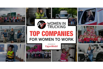 Women in Trucking logo with 'Top Companies for Women to Work' text, sponsored by ExxonMobil, surrounded by photos of female truck drivers and industry professionals.