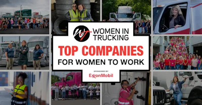 Women in Trucking logo with 'Top Companies for Women to Work' text, sponsored by ExxonMobil, surrounded by photos of female truck drivers and industry professionals.