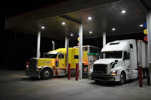 Yellow and white semi-trucks parked under illuminated canopy at nighttime truck stop