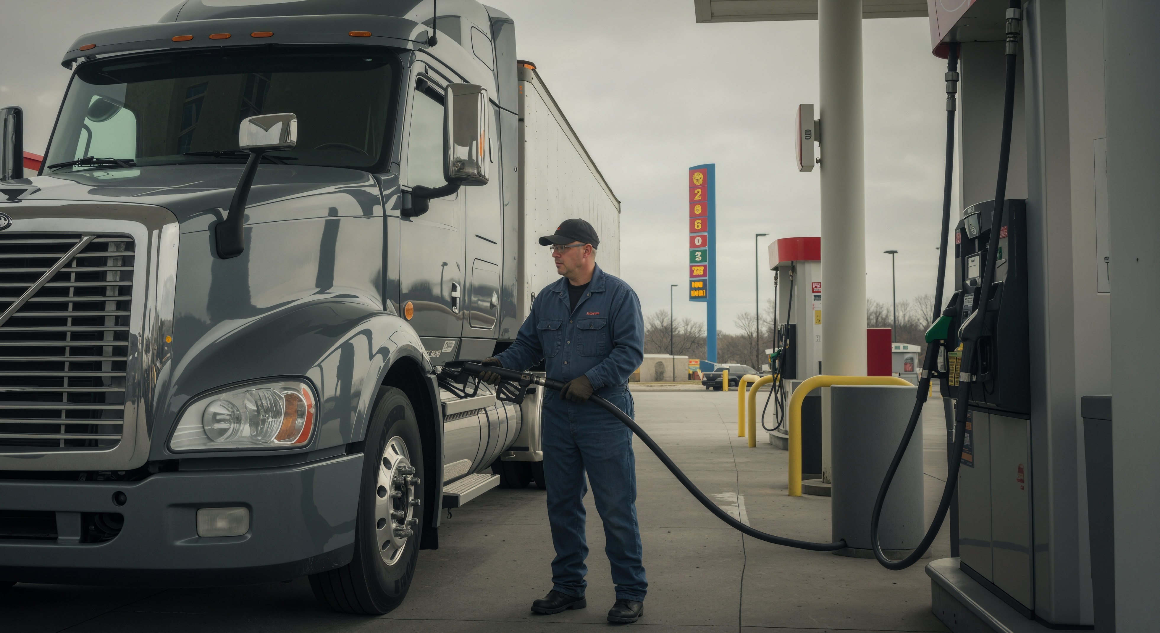 Truck driver refueling a white semi-truck at a commercial fuel station during daytime