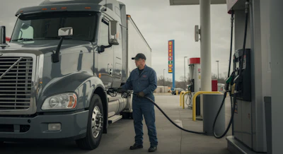 Truck driver refueling a white semi-truck at a commercial fuel station during daytime
