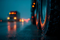 Close-up of wet vehicle tire on rainy street at dusk with blurred traffic lights in background