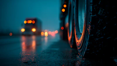 Close-up of wet vehicle tire on rainy street at dusk with blurred traffic lights in background