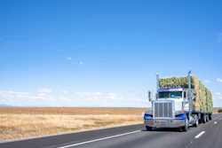 White and blue semi-truck loaded with hay bales driving on a desert highway under clear blue sky