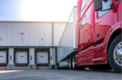Red semi-truck backed up to white loading dock doors at a warehouse facility