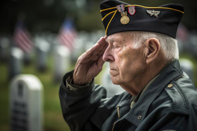 Elderly military veteran saluting at cemetery with American flags and headstones in background