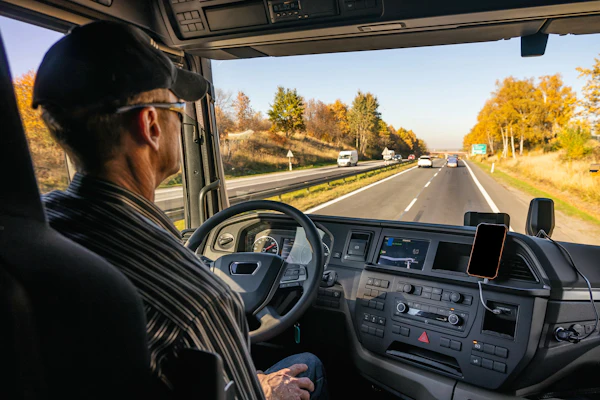 Professional truck driver operating a semi-truck on a multi-lane highway during autumn, with fall foliage visible along the roadside.