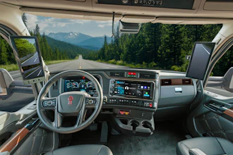 Interior view of a truck cab with steering wheel and dashboard, looking out at a straight mountain highway lined with evergreen forests.