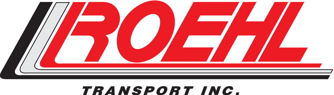 Roehl Transport Inc. logo featuring red text with geometric black and white stripe accent