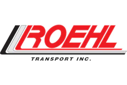 Roehl Transport Inc. logo featuring red text with geometric black and white stripe accent