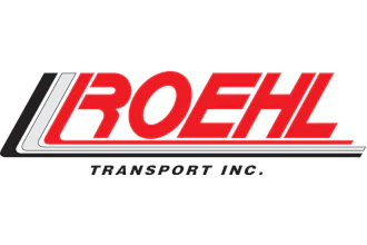 Roehl Transport Inc. logo featuring red text with geometric black and white stripe accent
