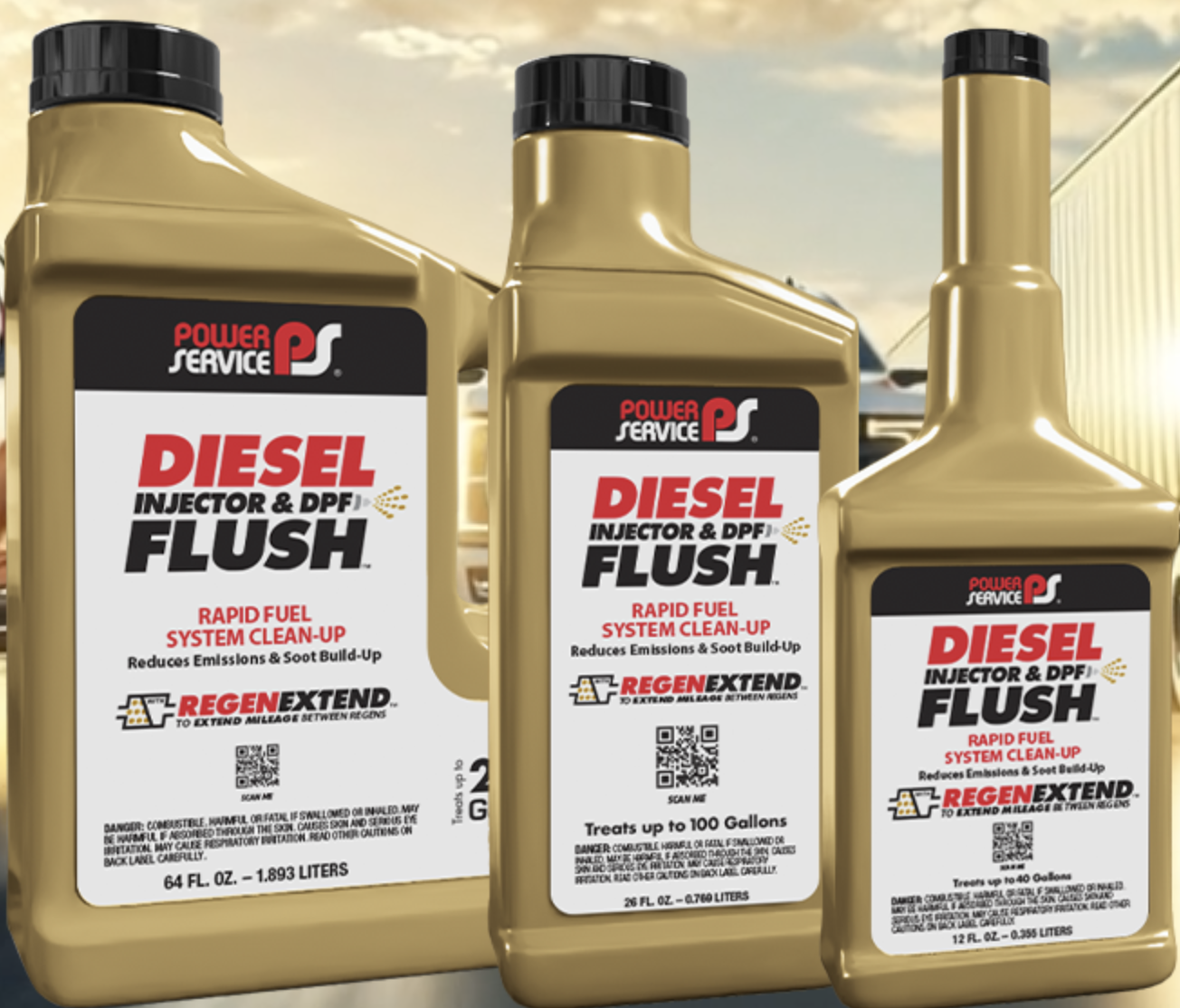 Three bottles of Power Service Diesel Injector & DPF Flush fuel system cleaner in tan bottles with black caps