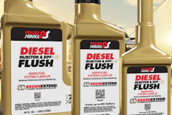 Three bottles of Power Service Diesel Injector & DPF Flush fuel system cleaner in tan bottles with black caps