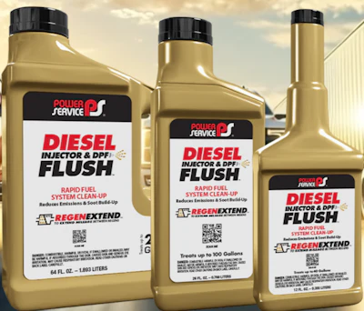 Three bottles of Power Service Diesel Injector & DPF Flush fuel system cleaner in tan bottles with black caps