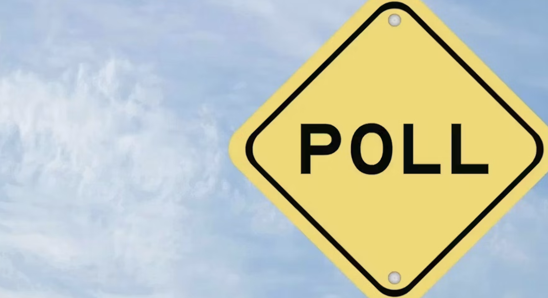 Yellow diamond-shaped poll sign with black border against cloudy sky
