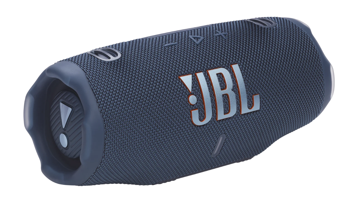 JBL Charge portable Bluetooth speaker in navy blue with textured fabric design