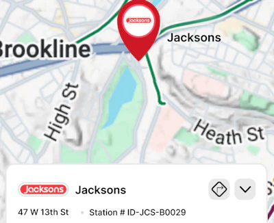 Jacksons store location on map at 47 W 13th St with station ID ICS-B0029