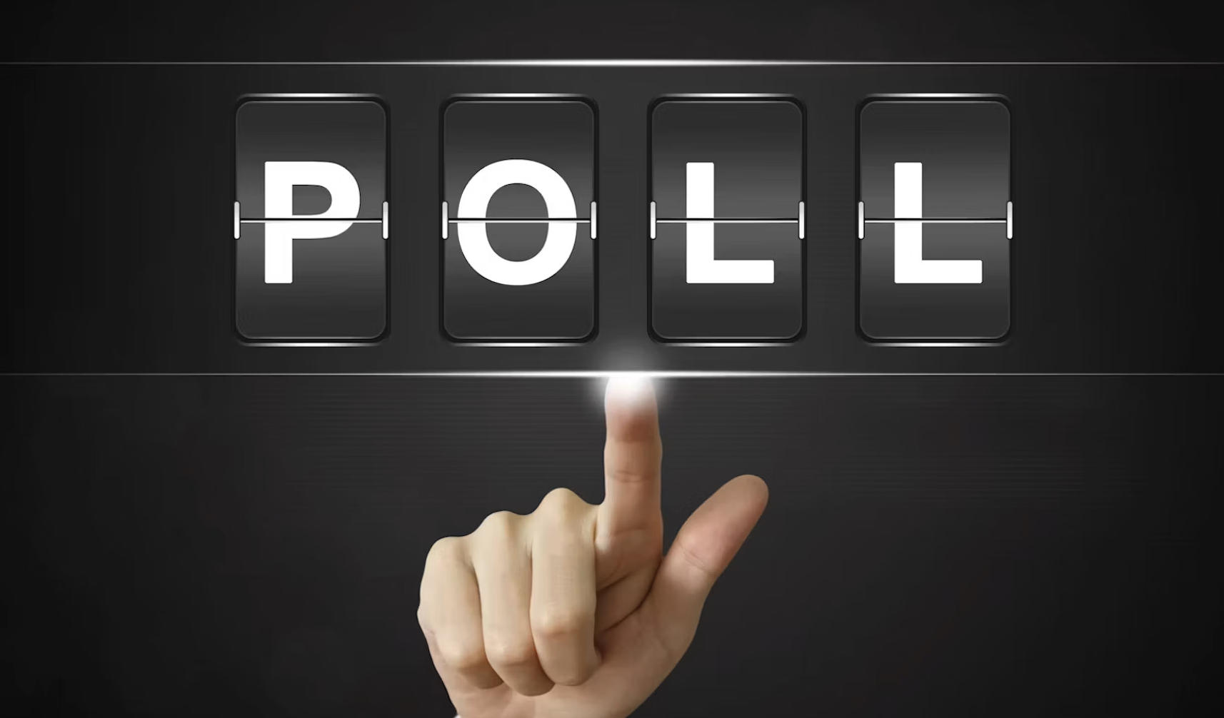 Hand pointing at flip clock display showing 'POLL' with glowing fingertip on dark background